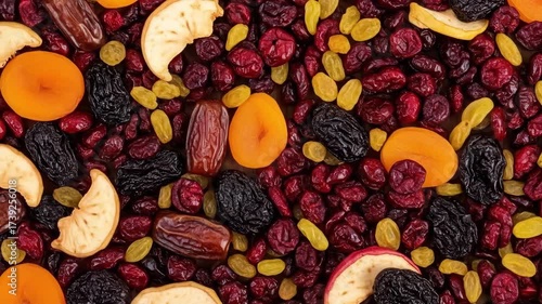 Vibrant assortment of mixed dried fruits and nuts showcasing rich textures and colors
