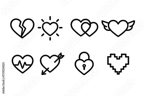 Heart Icon Set. Outline icon set of love hearts variations: broken heart, glowing heart, entwined hearts, heart with wings, heartbeat, heart with arrow, lock
