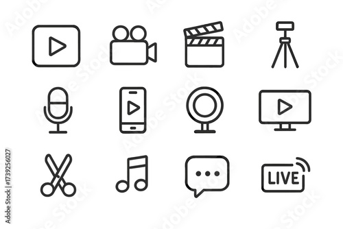 Video Marketing Icons. Video marketing. Line icon set of video marketing: play button, video camera, clapperboard, tripod, microphone, smartphone, ring light,