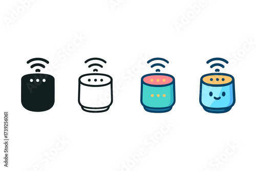 Smart Speaker Icons. Vector icon smart speaker same pose same proportions four styles black solid glyph outline minimal flat multicolor filled cartoon flat