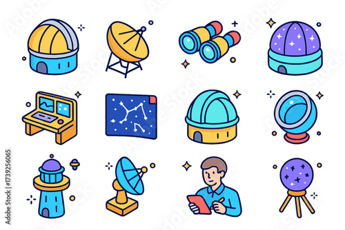 Colorful Observatory Icons. Observatory. Colorful isometric vector icons set of observatory: large dome telescope, radio telescope dish, stargazing binoculars,