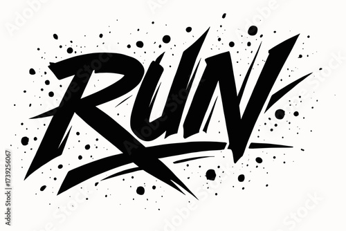 Dynamic Graffiti Art. Run, graffiti lettering, fast angular strokes, surrounded by splatters, horizontal balanced layout, clean white background, vector look,