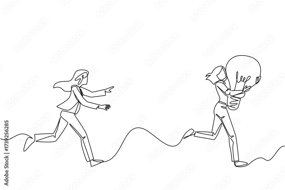 Fototapeta premium Continuous one line drawing a businesswoman chases a woman running with a light bulb. The thief of ideas. A disturbing crime. National Creativity Day. Single line draw design vector illustration