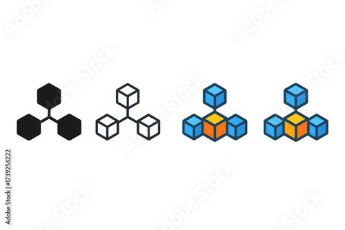 Blockchain Network Icons. Vector icon blockchain network cube same pose same proportions four styles black solid glyph outline minimal flat multicolor filled