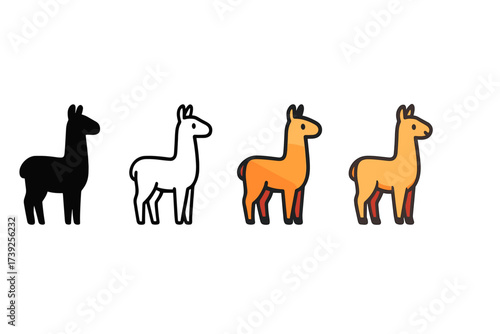 Llama Icon Styles. Vector icon llama standing same pose same proportions four styles black solid glyph outline minimal flat multicolor filled cartoon flat