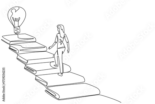 Continuous one line drawing a woman walks on stairs made of books and a lightbulb floating at the end. Stepping into genius. Idea. National Creativity Day. Single line draw design vector illustration