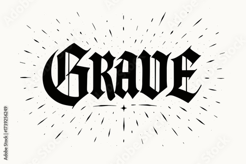 Gothic Calligraphy Artistry. Grave, gothic calligraphy, dramatic medieval tone, surrounded by sparks, horizontal balanced layout, clean white background,