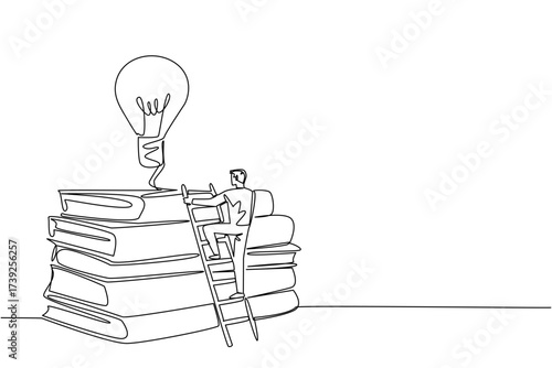 Single one line drawing a man climbs stack of thick books with lightbulb floats above. The long process of sharpening intelligence. National Creativity Day. Continuous line design graphic illustration