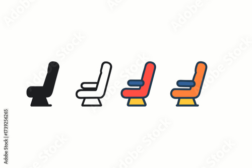 Airplane Seat Icons. Vector icon airplane seat same pose same proportions four styles black solid glyph outline minimal flat multicolor filled cartoon flat