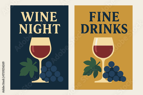 Wine Night Banners. Two vertical A6 banners, flat vector design, navy and gold backgrounds, wine glass with grapes, bar theme, first banner with text ?Wine