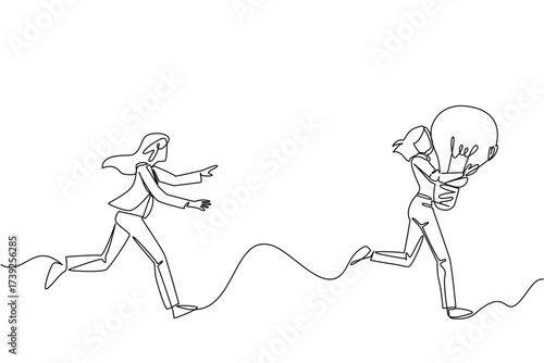 Continuous one line drawing a businesswoman chases a woman running with a light bulb. The thief of ideas. A disturbing crime. National Creativity Day. Single line draw design vector illustration