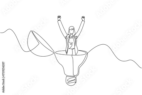 Continuous one line drawing a businesswoman stands in lightbulb with the top open raising hands. Get out of the erratic mind. Idea. National Creativity Day. Single line draw design vector illustration