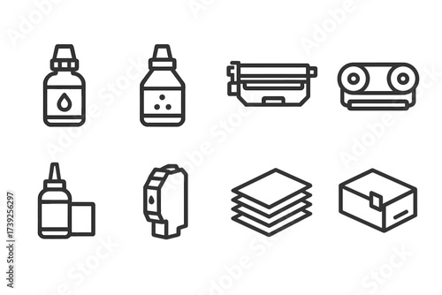 Printer Consumables Icons. Outline icon set of printer consumables: ink bottle, toner powder, drum unit, print ribbon, cleaning kit, refill cartridge, paper
