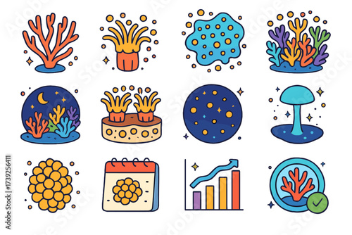 Coral Spawning Icons. Coral spawning. Colorful isometric vector icons set of coral spawning: branching coral reef, coral polyps releasing eggs, coral larvae