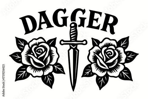 Dagger and Roses Tattoo. Dagger, old-school tattoo lettering, sharp heavy strokes, surrounded by roses, horizontal balanced layout, clean white background,