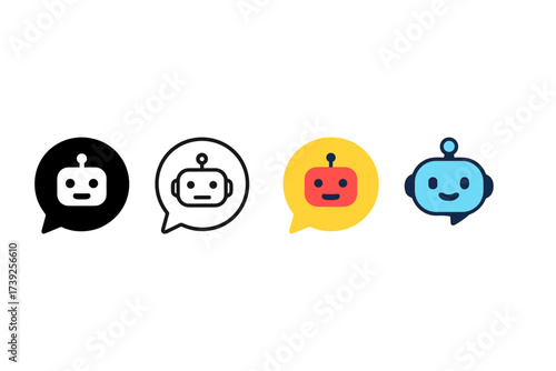 Chatbot Icon Styles. Vector icon chatbot bubble same pose same proportions four styles black solid glyph outline minimal flat multicolor filled cartoon flat