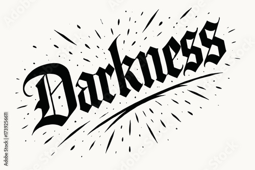 Gothic Lettering Sparks. Darkness, gothic medieval lettering, heavy dramatic strokes, surrounded by sparks, diagonal decorative composition, clean white