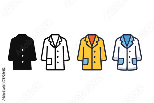 Stylized Lab Coat Icons. Vector icon lab coat same pose same proportions four styles black solid glyph outline minimal flat multicolor filled cartoon flat