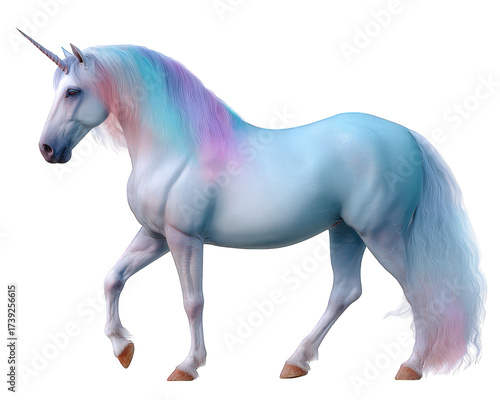 Majestic white unicorn, magical fantasy creature from mythology and legend. This beautiful mythical horse with pastel rainbow mane and horn walks with enchanting grace