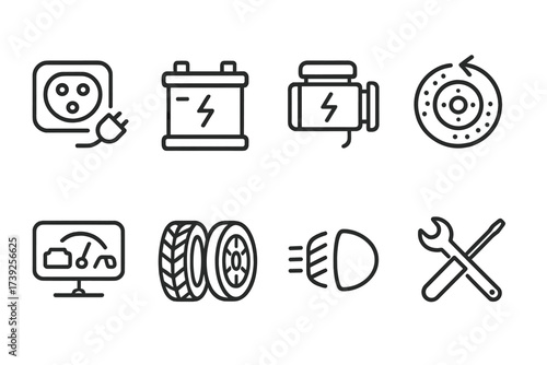 Electric Car Icon Set. Outline icon set of electric car parts: charging port, battery pack, electric motor, regenerative braking, dashboard display, wheels,