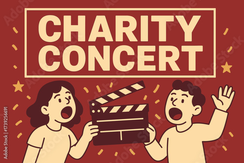 Vibrant Charity Concert Banner. Charity Concert banner, flat vector illustration, bold oversized text inside rectangular frame, cartoon characters shouting
