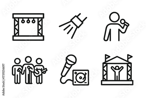 Music Icon Set. Outline icon set of song performance: stage, spotlight, audience, singer, band, concert microphone, DJ turntable, music festival. Line icons in