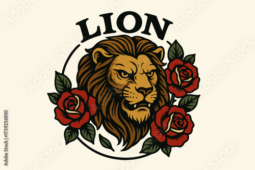 Lion and Roses Tattoo. Lion, old-school tattoo lettering, bold curved tone, surrounded by roses, circular frame composition, clean white background, vector