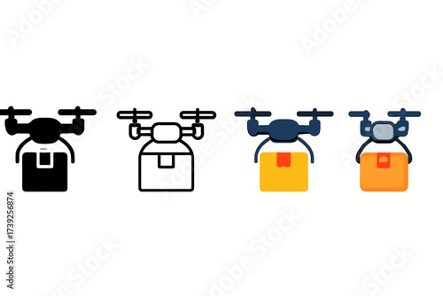 Drone Delivery Icons. Vector icon drone delivery box same pose same proportions four styles black solid glyph outline minimal flat multicolor filled cartoon