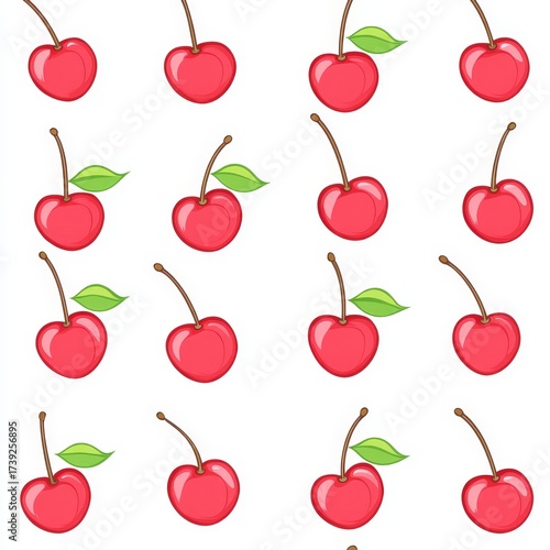 Red cherries and green leaves form a repetitive pattern on a white base, making it a suitable choice for various textile and wallpaper applications