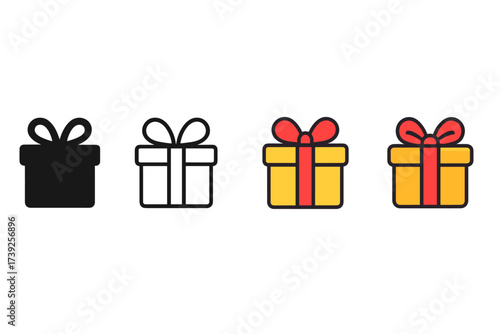 Gift Box Icons. Vector icon gift box ribbon same pose same proportions four styles black solid glyph outline minimal flat multicolor filled cartoon flat