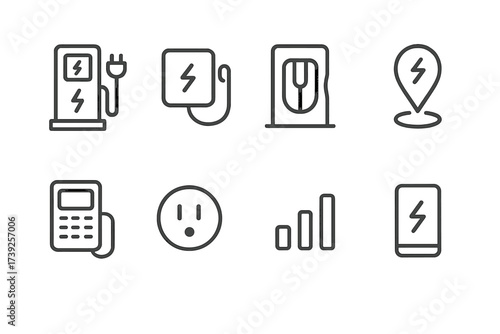 Electric Car Icon Set. Outline icon set of electric car parts: charging port, battery pack, electric motor, regenerative braking, dashboard display, wheels,