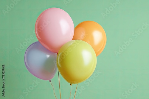 Four colorful balloons pink, orange, lavender, and yellow against a textured mint-green background