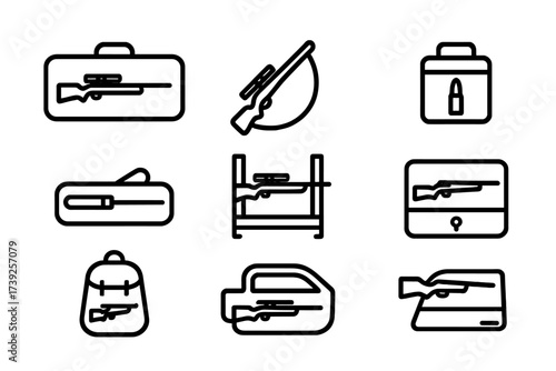 Sniper Rifle Gear Icons. Outline icon set of sniper rifle transport and storage: gun case, carrying sling, ammo box, cleaning kit bag, storage rack, lockbox,