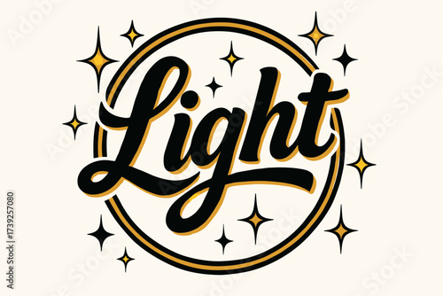 Retro Calligraphy Poster. Light, retro poster-style calligraphy, luminous strong strokes, surrounded by sparkles, circular frame composition, clean white