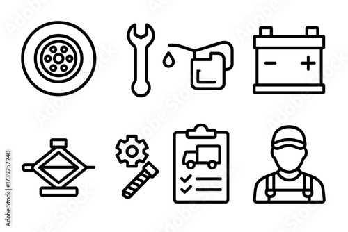 Truck Maintenance Icons. Outline icon set of truck maintenance: tire, wrench, oil can, battery, jack, spare parts, inspection checklist, mechanic. Line icons
