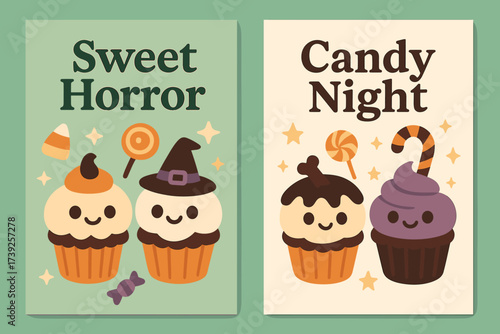 Halloween Cupcake Banners. Two vertical A6 banners, flat vector design, pastel green and cream backgrounds, cute halloween cupcakes with faces, sweets and
