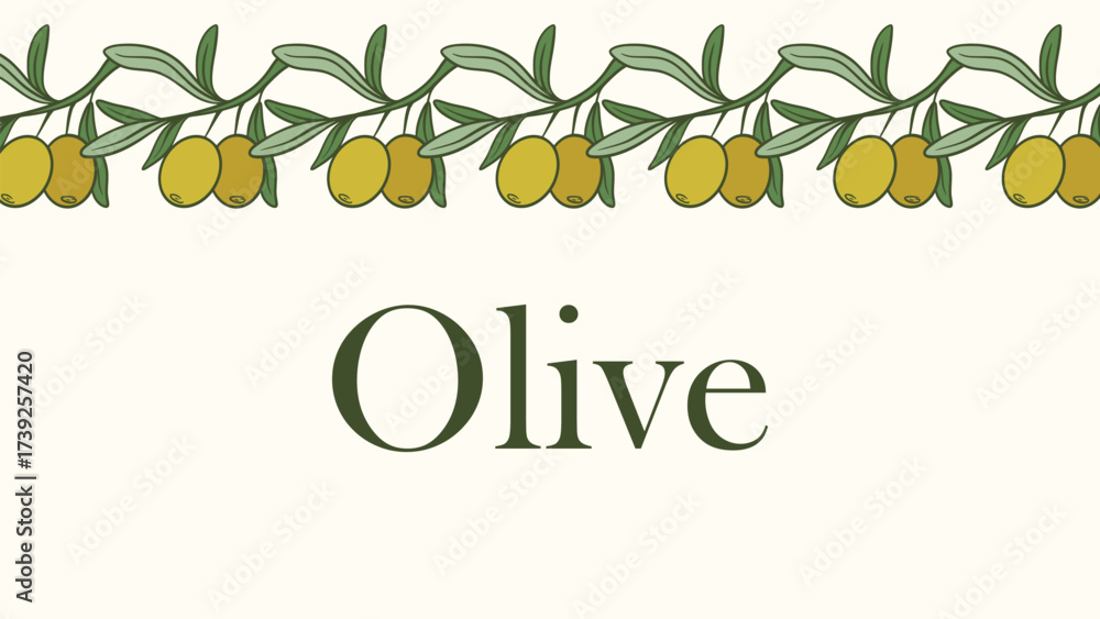Fototapeta premium Horizontal banner with border of olive branches. Ripe olives on branch with leaves create a frame. Template with text, vector graphic