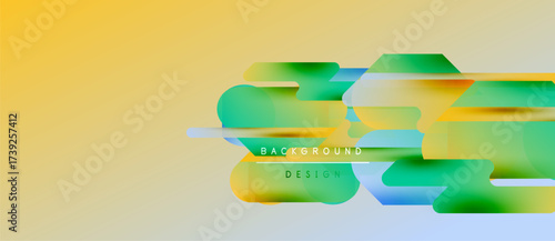 Abstract colorful design. Gradient shapes overlap, creating dynamic visual effect. Yellow background complements vibrant hues. Modern aesthetic.