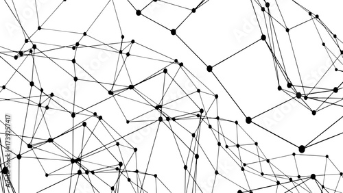 Abstract digital network pattern of black interconnected lines and nodes on a clean white background. Complex web of geometric connections and modern, futuristic, and technological aesthetic.
