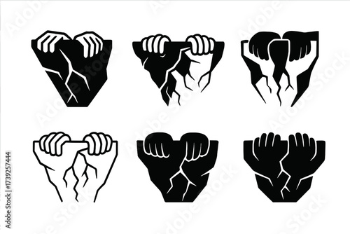 Cliff-Edge Logo Variations. Tired hands clutching the edge of a cliff. Set Logo of tired hands clutching the edge of a cliff: fractured rock. harmonious logo