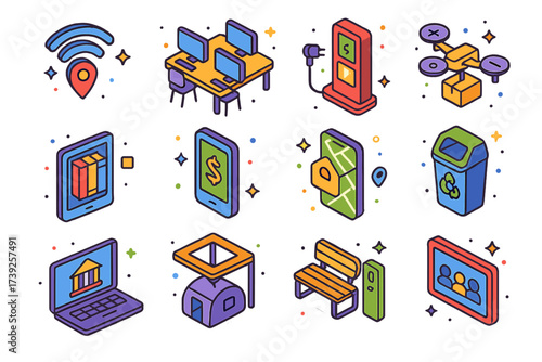 Community Tech Icons. Community tech. Colorful isometric vector icons set of community tech: free WiFi hotspot, community computer lab, charging station,