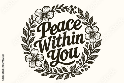 Rustic Floral Calligraphy. Peace Within You, bold vintage calligraphy with strong rustic tone, surrounded by floral elements, circular frame composition, clean
