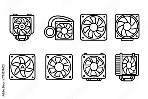 Cooler Brand Icons. Outline icon set of cooler brands: Noctua cooler, Corsair liquid cooler, Cooler Master fan, NZXT cooler, Arctic fan, be quiet! cooler,