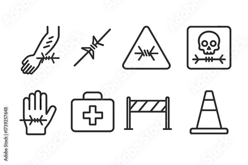 Barbed Wire Hazard Icons. Outline icon set of barbed wire hazards: cuts and scratches, sharp edges, warning symbol, danger sign, protective gloves, first aid
