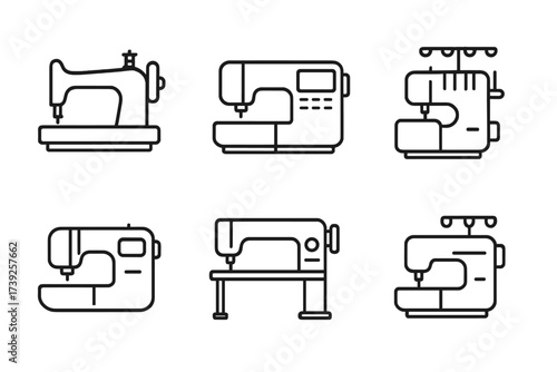 Sewing Machine Icons. Outline icon set of sewing machines: mechanical sewing machine, computerized sewing machine, serger, embroidery machine, portable sewing