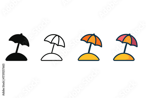 Sandy Island Icons. Vector icon sandy island with umbrella same pose same proportions four styles black solid glyph outline minimal flat multicolor filled