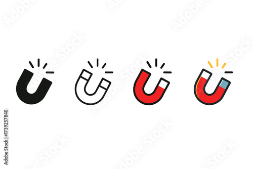 Stylized Magnet Icons. Vector icon physics magnet same pose same proportions four styles black solid glyph outline minimal flat multicolor filled cartoon flat