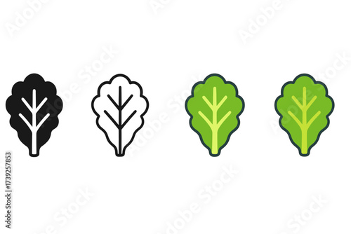 Diverse Lettuce Icons. Vector icon lettuce leaf same pose same proportions four styles black solid glyph outline minimal flat multicolor filled cartoon flat