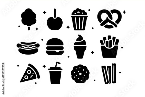 Festival Snack Icons. Festival snacks. Solid icons set of festival snacks: cotton candy, candy apple, popcorn, pretzel, hot dog, burger, ice cream, fries,