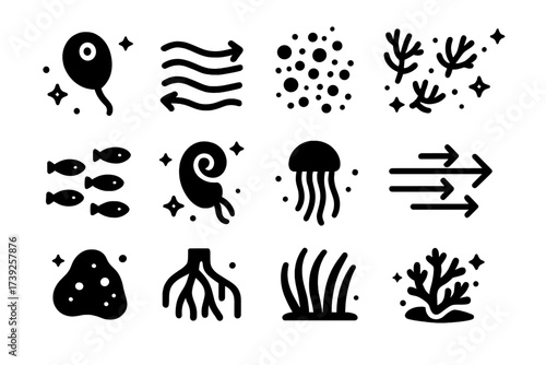 Marine Larvae Icons. Marine larvae dispersal. Solid icons set of floating larvae, ocean current, plankton swarm, coral larvae drift, fish fry, mollusk larvae,
